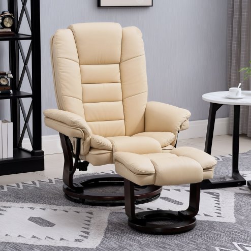 HOMCOM Recliner Chair With footstool, Recliner Armchair up to 130kg Weight Capacity, 135 Reclining Swivel Sofa Chair, PU Leather Ergonomic Couch Bed with Swivel Wood Base for Living Room, Beige
