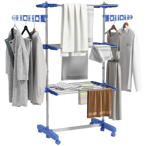 HOMCOM 3-Tier Clothes Airer, Stainless Steel Foldable Clothes Drying Rack with Wheels and Wings, Indoor and Outdoor, Easy Assembly, 142 x 55 x 152cm, Blue