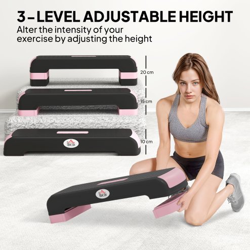 HOMCOM Aerobic Step, 10cm, 15cm & 20cm Height Adjustable Exercise Stepper for Exercise Workout, Nonslip Step Board Great for Home & Office, Black and Pink