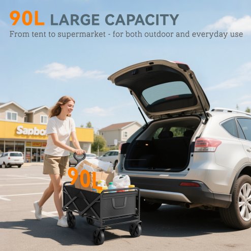 Outsunny 90L Festival Trolley on Wheels, Folding Camping Trolley Cart with Adjustable Handle, Portable for Outdoor, Garden, Shopping, Fishing, Black