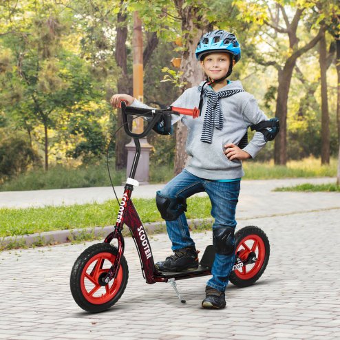 AIYAPLAY Kids Scooter, Big Wheel Kick Scooter with Adjustable Height Handlebar, Non-slip Footplate, Rear Brake, Kickstand, for Kids 6-12 Years Old, Red
