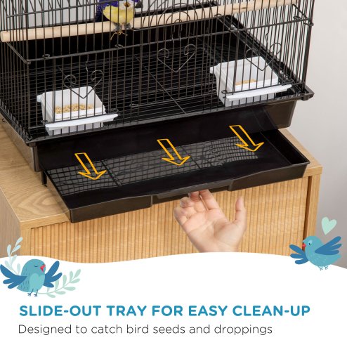 PawHut Metal Bird Cage with Plastic Swing Perch Food Container Tray Handle for Finch Canary Budgie 43.5 x 33 x 63 cm, Black