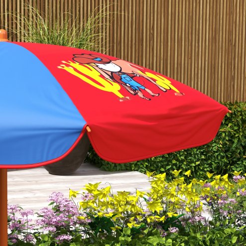 Outsunny Kids Bistro Set Children Table and Chair Set Garden Furniture Cowboy Themed 4 Pieces w/ Adjustable Parasol, Foldable Chairs for 2-5 Years - Blue and Red
