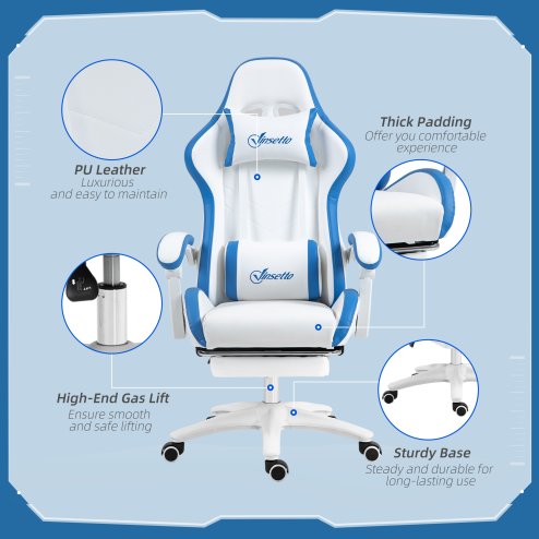 Vinsetto Computer Gaming Chair, PU Leather Office Desk Chair with Footrest, Swivel Wheels, 135?? Reclining Back, Lumbar Support, Headrest for Home, White and Blue