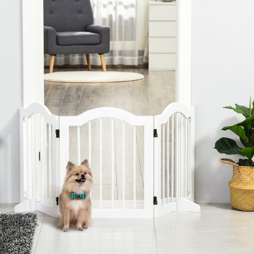 PawHut Freestanding Pet Gate Wooden Dog Gate with Support Feet Foldable Pet Fence Safety Barrier for the House Doorway Stairs White