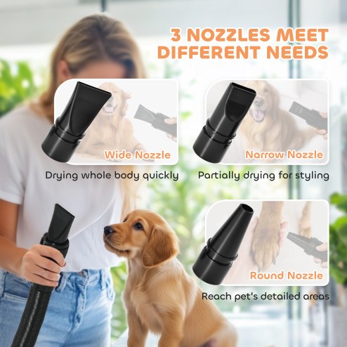 PawHut Dog Hair Dryer, 2200W Pet Grooming Hair Dryer with Adjustable Temperature & Velocity, Professional Low Noise Dog Blaster with 3 Different Nozzles, Black