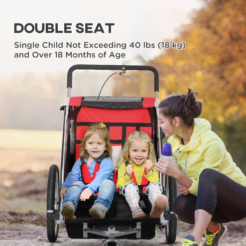 HOMCOM Child Bike Trailer, Baby Bicycle Trailer for 2 Kids with 5 Point Harness, Steel Frame, Reflectors, Safety Flag, Hitch Coupler, Red