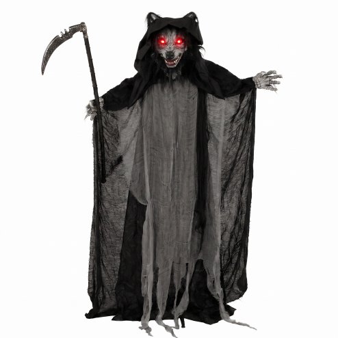 HOMCOM Halloween Animatronic Standing Werewolf Animated Decoration, Life-Size Halloween Animatronic with Light-Up Eyes, Sound and Touch Activated, Moving Head Prop for Haunted House Party