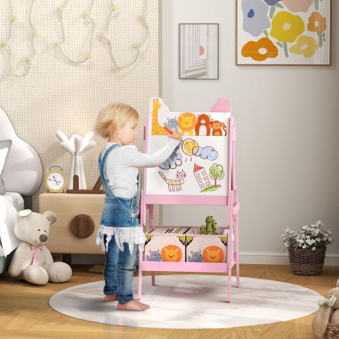 AIYAPLAY Kids Easel, 2 in1 Easel for Toddlers with Whiteboard, Chalkboard, Storage Boxes, Double Sided Easel, for Ages 3-8 Years, Pink