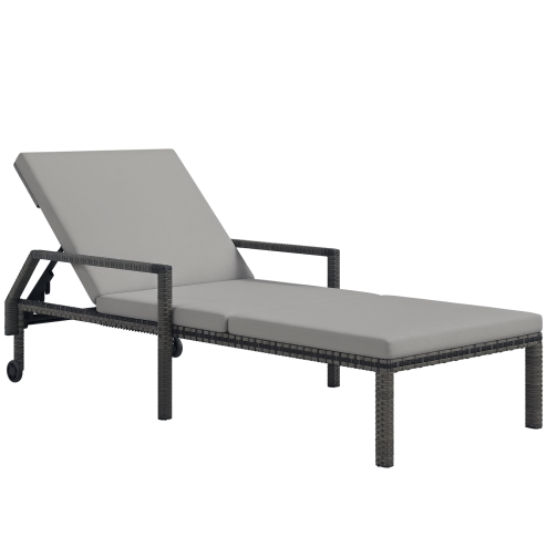 Outsunny Outdoor PE Rattan Sun Lounger, 5-Level Adjustable Backrest Wicker Outdoor Chaise Recliner, Garden Chair with 2 Wheels, Grey