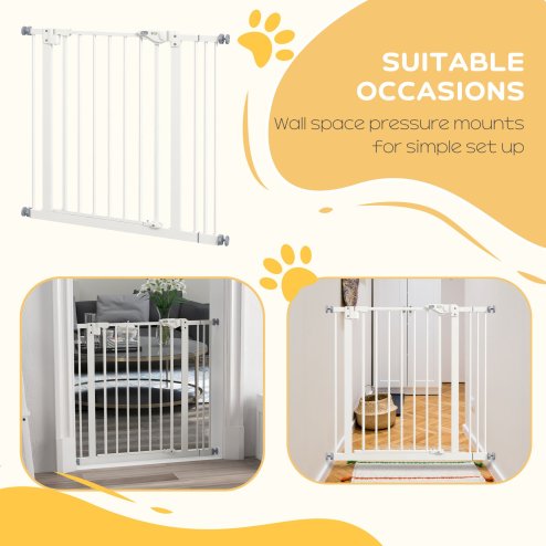 PawHut Dog Gate Stair Gate Pressure Fit Pets Barrier Auto Close for Doorway Hallway, 74-87cm Wide Adjustable, White