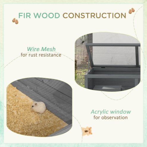 PawHut Wooden Hamster Cage, Small Animal Cage with Sliding Tray, Openable Top, Hut, Exercise Play House for Syrian Hamsters, Grey