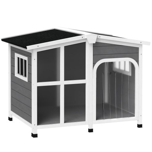 PawHut Wooden Dog Kennel, Elevated Dog House with Removable Floor, Asphalt and Openable Roof, Giant Window, Outdoor Pet House Shelter for Large Dogs, Charcoal Grey