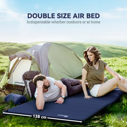 Outsunny 2 Person Camping Inflating Sleeping Mat Inflatable Mattress Ultralight Folding Bed Portable Air Bed for Outdoor Backpacking Hiking Travel - Navy Blue