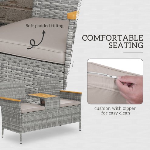 Outsunny 2 Seat Rattan Garden Bench, Patio Wicker Chair with Acacia Wood Top Middle Table, Outdoor PE Rattan Love Seat with Padded Cushions, Decorative Handrails, Grey