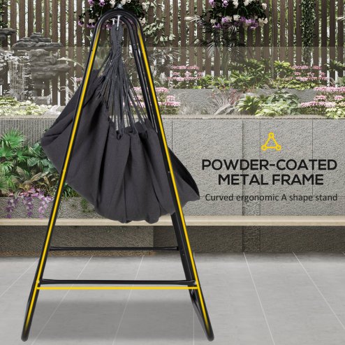 Outsunny Patio Hammock Chair with Stand, Outdoor Hammock Swing Hanging Rope Chair with Cushion, Armrest, Hooks, Dark Grey