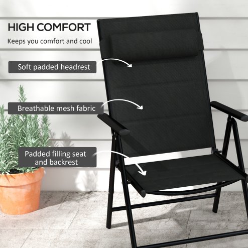 Outsunny Set of 2 Patio Folding Chairs with Adjustable Back, Aluminium Dining Chairs with Breathable Mesh Fabric Padded Seat and Backrest, Headrest for Outdoor Garden Lawn, Black