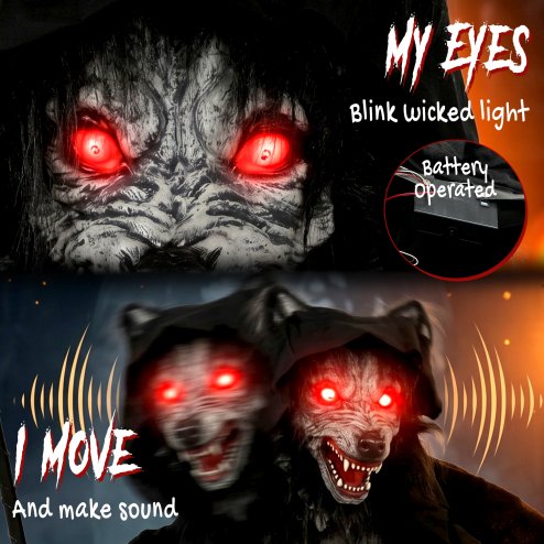 HOMCOM Halloween Animatronic Standing Werewolf Animated Decoration, Life-Size Halloween Animatronic with Light-Up Eyes, Sound and Touch Activated, Moving Head Prop for Haunted House Party