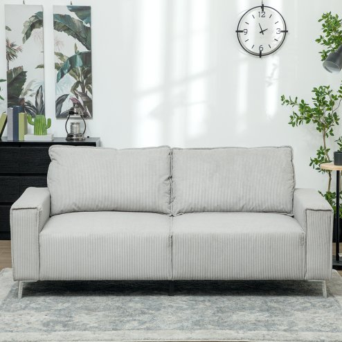 HOMCOM Modern 3 Seater Sofa with Spring Cushion, 193cm Fabric Sofa Couch with Back Pillows, Upholstered Corduroy Settee for Living Room, Bedroom, Home Office, Light Grey