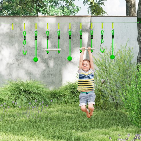 AIYAPLAY Zip Line for Kids Outdoor Adventures,7 Piece 10m Kids Slackline Kit with Wooden Monkey Bars, Metal Rings, Gripping Balls, Toddler Zip Line for Garden, Green