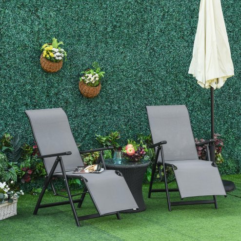 Outdoor Reclining Garden Chair Set of 2, 10-Position Adjustable Folding Sun Lounger Zero Gravity Chairs with Texteline Seat, Armrests and Footrest for Patio, Grey