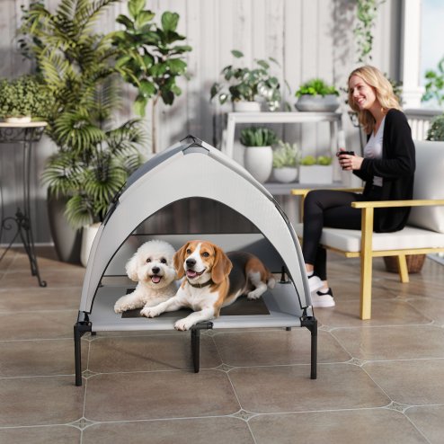 PawHut Elevated Dog Bed with Removable Canopy, Portable Cooling Raised Pet Cot with Breathable Mesh, Storage Bag, for Indoor Outdoor Use, for Medium Large Dogs, 92 x 75 x 89 cm, Light Grey