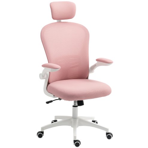 Vinsetto High Back Office Chair, Mesh Computer Desk Chair with Rotatable Headrest, 4D Lumbar Support, Flip-up Arm, Adjustable Height, Pink