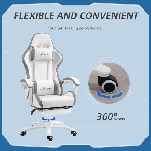 Vinsetto Computer Gaming Chair, PU Leather Office Desk Chair with Footrest, Swivel Wheels, 135?? Reclining Back, Lumbar Support, Headrest for Home, White and Grey
