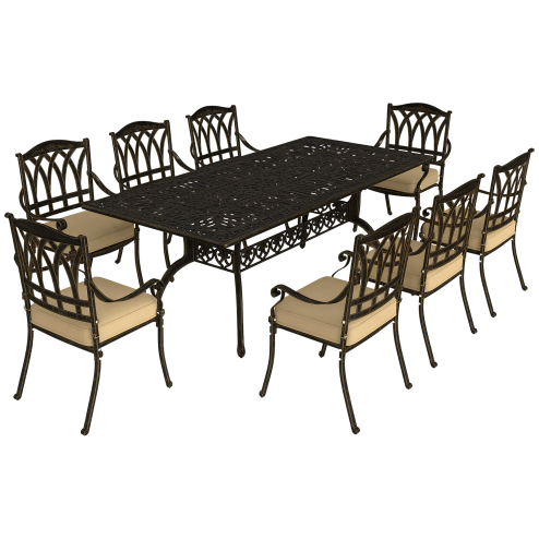 Outsunny 9 Pieces Cast Aluminium Garden Dining Set, 8 Seater Garden Table and Chairs with Parasol Hole, Outdoor Garden Furniture Set with Cushions for Patio, Bronze Tone