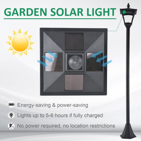Outsunny Outdoor Garden Solar Post Lamp Photosensitive LED Lantern Bollard Pathway 1.2M Tall - Black
