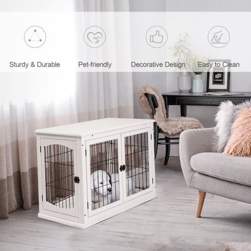 PawHut Dog Crate Furniture, Puppy Crate End Table, Pet Kennel House with 2 Doors for Medium and Small Dogs, 81 x 58.5 x 66 cm, White