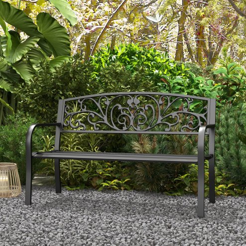 Outsunny Garden Bench, 2 Seater Metal Outdoor Bench Seat, Patio Loveseat with Armrests, Floral Backrest and Slatted Seat, 240 KG Capacity for Park, Porch, Black