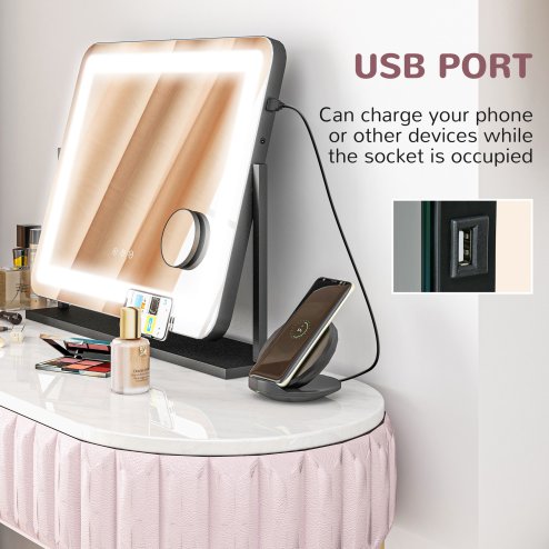 HOMCOM Vanity Mirror with Lights, 63x50 cm Lighted Makeup Mirror with 3 Colour Lighting Modes, 10X Magnifying, USB Charging Port, Phone Holder, 360 Degree Rotation, Touch Screen, for Dressing Table