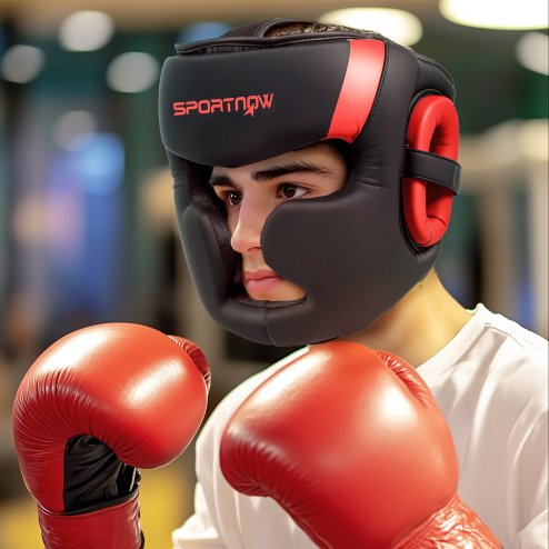 SPORTNOW Boxing Headguard, Boxing Headgear Helmet with Adjustable Strap for Full Face Protection for Kickboxing, Sparring, Martial Arts, Karate, Taekwondo, Red/Black