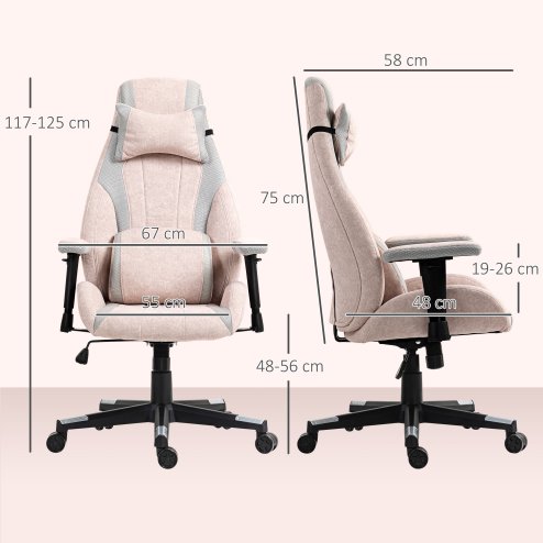 HOMCOM Gaming Chair with Lumbar Support, Headrest for Adults, Fabric Desk Computer Chair with Adjustable Height and Armrest, 360 Swivel for Home Office, Pale Pink