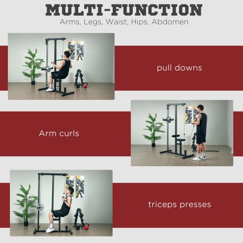 HOMCOM Lat Pull Down Machine with Extra Pulley for Seated Rows, Cable Pulley System with Adjustable Seat for Home Gym