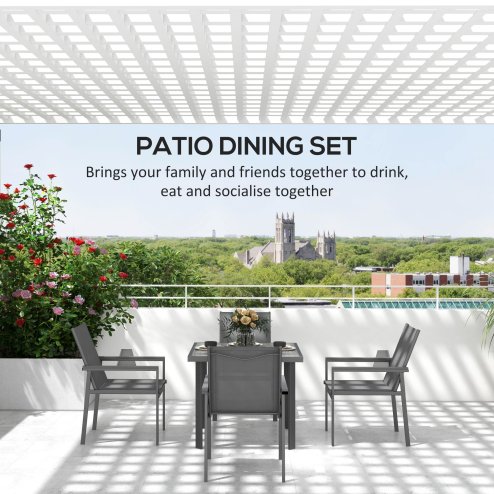 Outsunny 5 Pieces Garden Dining Set with Glass Top Dining Table, Outdoor Patio Table and 4 Armchairs with Texteline Fabric Seats and Backrest, Wood-plastic Composite Armrests Top, Grey