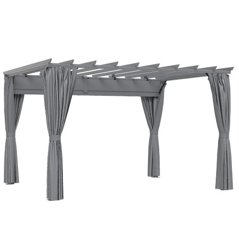 Outsunny 3.6 x 3(m) Outdoor Pergola with Retractable Roof and Curtains, Garden Gazebo Canopy Sun Shade Shelter with Aluminum Frame, Dark Grey