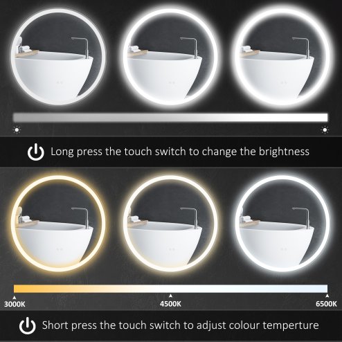 kleankin Round Bathroom Mirror with LED Lights, Wall Mount Dimmable Makeup Mirror with 3 Temperature Colours, Defogging Film and Memory Function, Frameless, Hardwired
