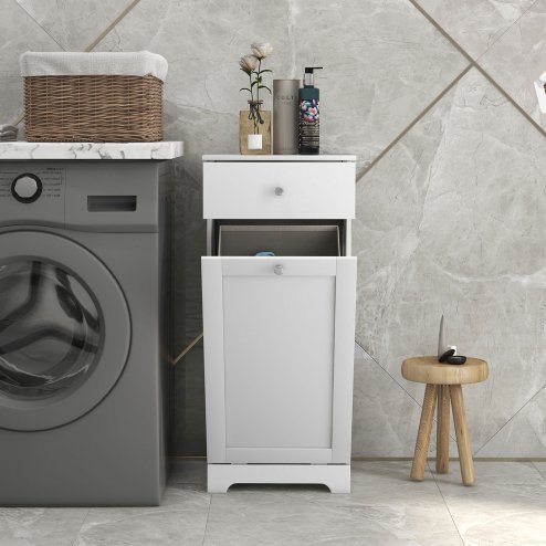 HOMCOM Laundry Cabinet, Bathroom Cabinet with Laundry Basket, Bathroom Storage Unit with Foldable Laundry Hamper and Drawer for Washroom, White