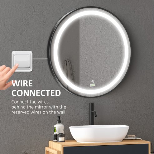 kleankin Round LED Bathroom Mirror, Dimmable Lighted Wall-Mounted Mirror with 3 Temperature Colours, Memory Function, Hardwired, Black
