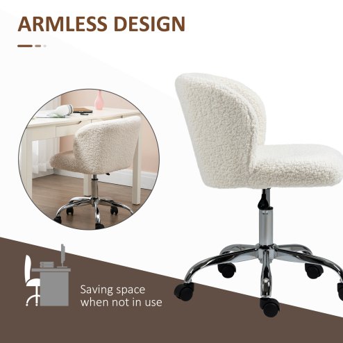 HOMCOM Office Chair, Cosy Teddy Fleece Upholstery Desk Chair with Backrest and Wheels for Home Office, White