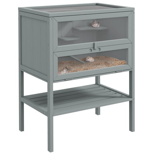 PawHut Wooden Hamster Cage with Storage Shelf, Small Animal Exercise Play House with Openable Top, for Hamsters, Gerbils, 60 x 40 x 80 cm - Grey