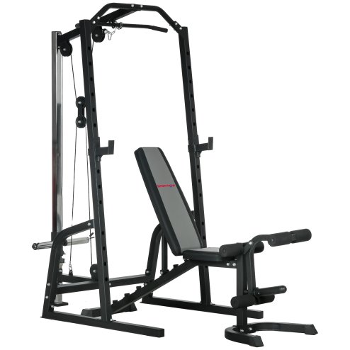 SPORTNOW Smith Machine & Cable Pulley System with Adjustable Weight Bench, Multifunction Home Gym Power Rack with Lat Pull Down System, Barbell Rack for Full Body Training, Black