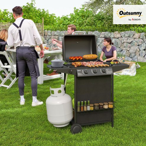 Outsunny 3+1 Burner Gas BBQ Grill with Built-in Thermometer, Lid, Portable Gas Barbecue Grill with Side Table, Shelf, Spice Rack, Wheels, Grease Cup for Garden Party Outdoor Cooking, Black