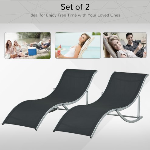 Outsunny Set of 2 S-shaped Foldable Lounge Chair Sun Lounger Reclining Outdoor Chair for Patio Beach Garden, Black