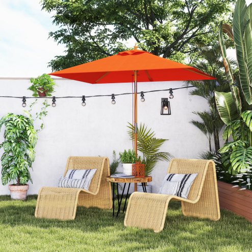 Outsunny 2m x 1.5m Garden Parasol Umbrella with Tilting Sunshade Canopy, Outdoor Market Table Umbrella with Wood and Bamboo Frame, Orange