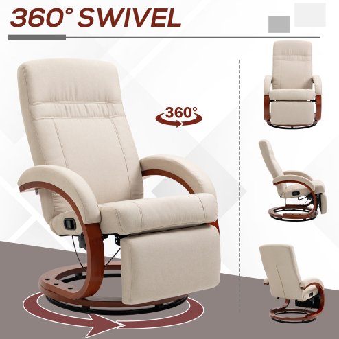 HOMCOM Swivel Recliner Chair with Footstool and Wood Base, Manual Reclining Chair for Living Room, Bedroom, Beige