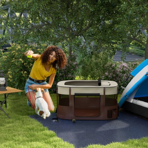 PawHut Dog Pen, Pet Playpen, Portable Foldable Dog Cat Playpen Soft Pet Cage with Storage Bag for Puppies, Rabbits, Kittens, Guinea Pigs, 114 x 89 x 59cm - Brown