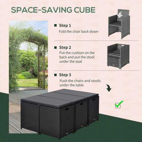 Outsunny 10 Seater Rattan Cube Garden Furniture Set with Cushions, Rattan Dining Set, Outdoor Dining Table and Chairs with 6 Armchairs, 4 Stools, Rectangular Glass Top Table, Black